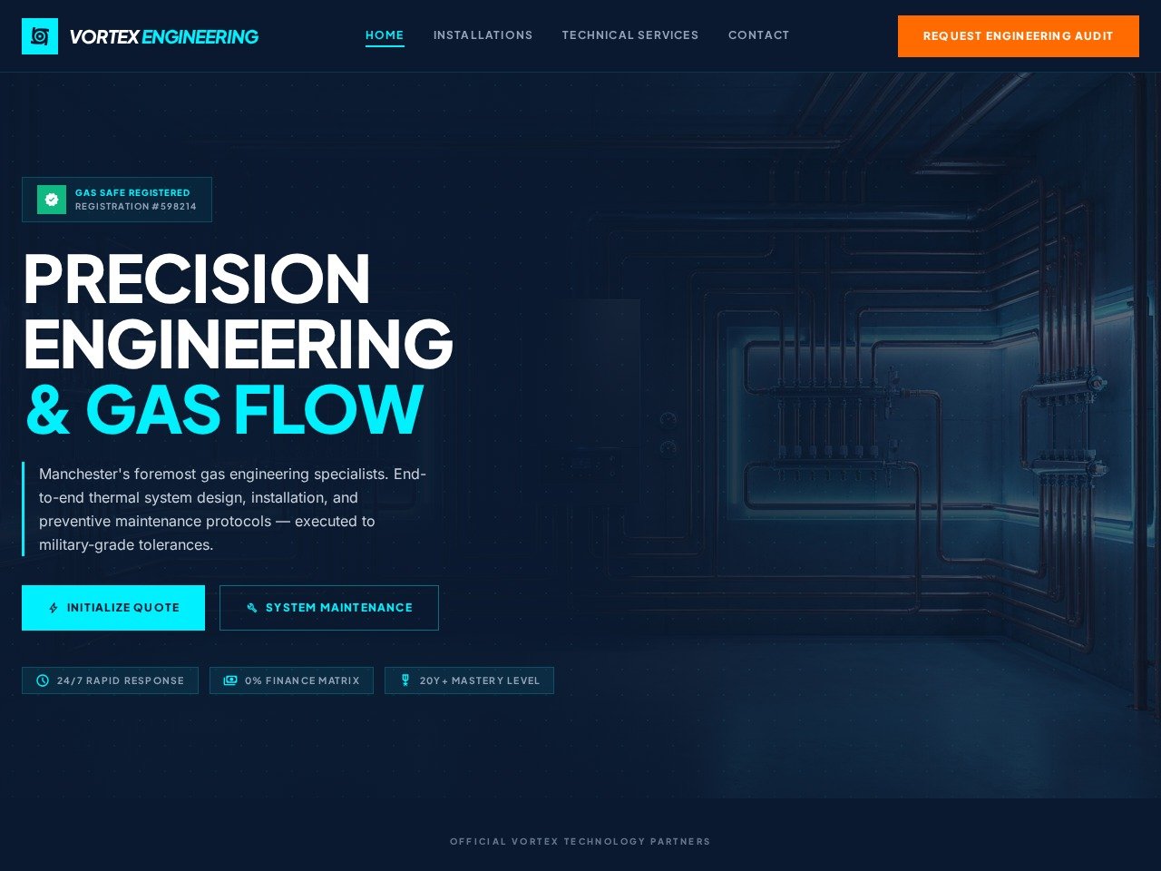 Vortex Engineering website — specialist gas engineering and trades